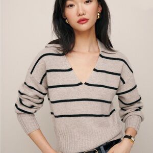 Reformation Gray and Black Striped V-Neck Sweater